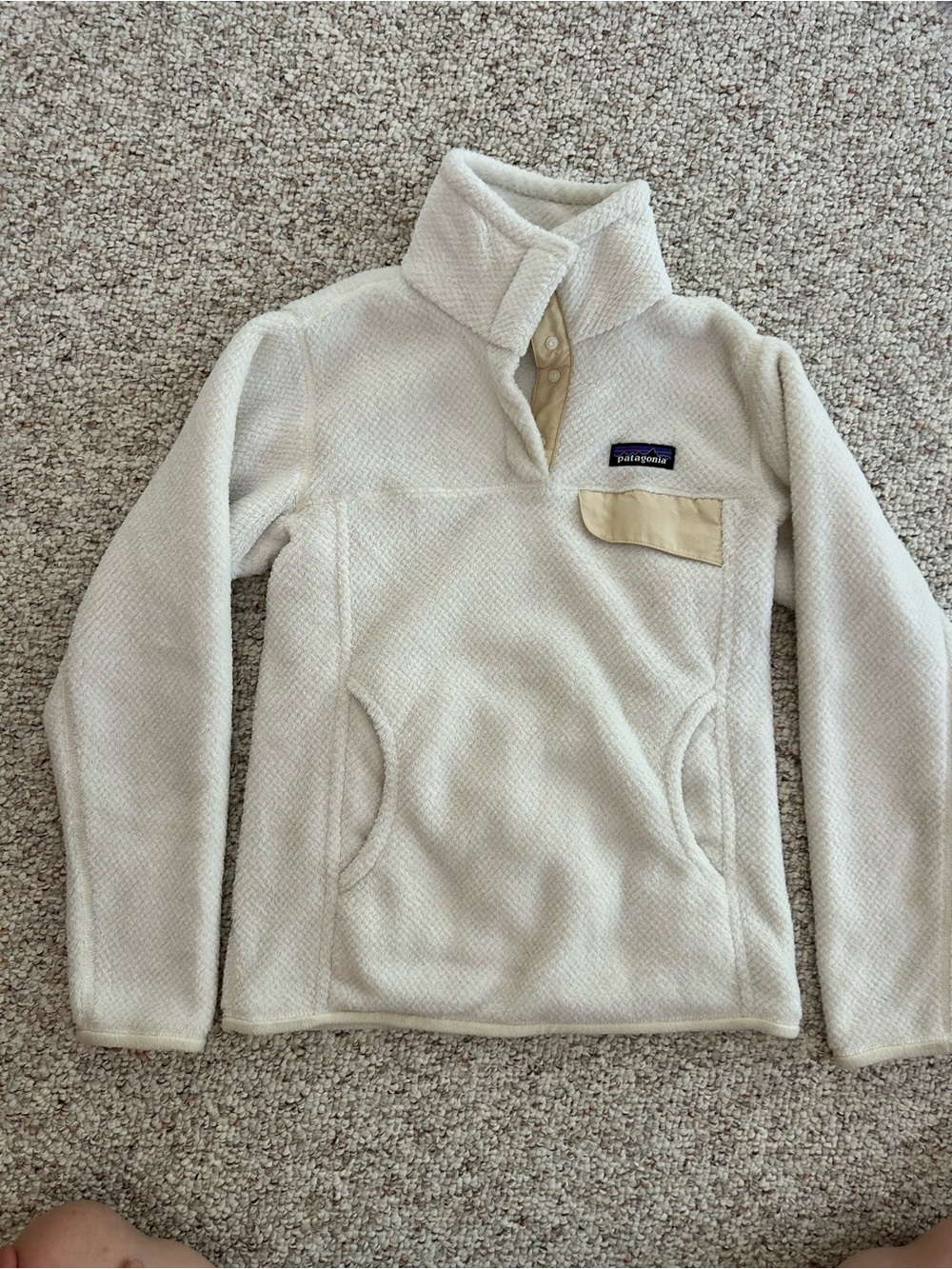 Patagonia Cream Fleece Snap Pullover with Tan Pocket Placket